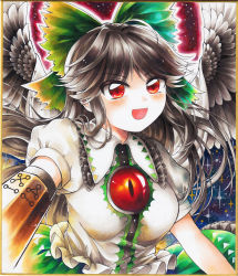 Rule 34 | 1girl, arm cannon, black wings, bow, breasts, brown hair, cape, collared shirt, commentary request, feathered wings, frilled shirt, frilled shirt collar, frilled skirt, frills, green bow, green skirt, hair bow, highres, large breasts, looking at viewer, maa (forsythia1729), marker (medium), open mouth, puffy short sleeves, puffy sleeves, red eyes, reiuji utsuho, shikishi, shirt, short sleeves, skirt, solo, third eye, touhou, traditional media, weapon, white cape, white shirt, wings