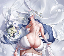 Rule 34 | 1girl, absurdly long hair, absurdres, all fours, animal ears, ass, azur lane, backless dress, backless outfit, bar censor, bare back, blue hair, bottomless, bouquet, breasts, bridal veil, bride, butt crack, censored, doggystyle, dress, fake animal ears, flower, gloves, hair ornament, hair spread out, heart, hetero, highres, holding hands, large breasts, long hair, looking at viewer, looking back, new jersey (azur lane), new jersey (snow-white ceremony) (azur lane), no panties, official alternate costume, pov, rabbit ears, rose, sex, sex from behind, smile, star (symbol), star hair ornament, sweat, vaginal, veil, very long hair, wedding dress, white dress, white flower, white gloves, white rose, windovvs