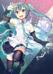 Rule 34 | 1girl, aqua hair, aqua necktie, arm up, armpits, black skirt, black thighhighs, blush, boots, breasts, detached sleeves, dutch angle, grey eyes, hair between eyes, hatsune miku, long hair, looking at viewer, necktie, open mouth, pleated skirt, shiomizu (swat), shirt, skirt, sleeveless, sleeveless shirt, small breasts, smile, solo, standing, standing on one leg, teeth, thigh boots, thighhighs, twintails, vocaloid