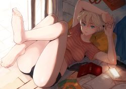 Rule 34 | 1girl, aqua eyes, arms up, bad artstreet id, bad id, bed, black shorts, blee, blonde hair, book, breasts, day, digital media player, earphones, hair between eyes, highres, holding, indoors, large breasts, looking at viewer, loungewear, lying, on back, open book, orange shirt, original, parted lips, pencil, shade, shirt, short hair, short shorts, shorts, soles, solo, striped clothes, striped shirt, thighs