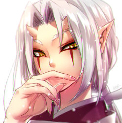 Rule 34 | 1girl, facepaint, finger to mouth, fingernails, highres, horns, long fingernails, long hair, low ponytail, non (nonzile), oni, oni horns, original, pointy ears, ponytail, portrait, silver hair, simple background, slit pupils, solo, white background, yellow eyes