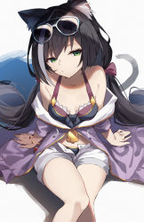 Rule 34 | 1girl, amagasa yun, animal ear fluff, animal ears, bikini, black bikini, black hair, blush, breasts, cat ears, cat girl, cat tail, closed mouth, eyewear on head, green eyes, highres, jacket, karyl (princess connect!), karyl (summer) (princess connect!), long hair, long sleeves, looking at viewer, low twintails, multicolored hair, off shoulder, princess connect!, purple jacket, shorts, sitting, solo, streaked hair, swimsuit, tail, thighs, twintails, white-framed eyewear, white hair, white shorts