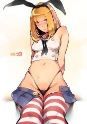 Rule 34 | 1girl, absurdres, arms behind back, black panties, blonde hair, blush, bow, cosplay, crossover, dated, hair bow, highres, kantai collection, kenshin187, looking at viewer, midorikawa hana, miniskirt, navel, open clothes, open skirt, panties, pout, prison school, sailor collar, shimakaze (kancolle), shimakaze (kancolle) (cosplay), skirt, solo, stomach, striped clothes, striped thighhighs, sweat, thighhighs, thong, unbuttoned, underwear