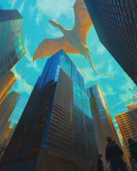 Rule 34 | animal focus, blue sky, building, city, cityscape, commentary, day, devin elle kurtz, dragon, english commentary, from below, highres, original, outdoors, people, scenery, sky, standing, tail, western dragon, wings
