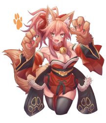 Rule 34 | 10s, 1girl, absurdres, animal ear fluff, animal ears, animal hands, bare shoulders, bell, black thighhighs, blush, blush stickers, bow, breasts, claws, cleavage, collar, collarbone, detached sleeves, fang, fate/extra, fate/grand order, fate (series), fox ears, fox tail, gloves, hair between eyes, hair bow, hands up, highres, hip focus, japanese clothes, jingle bell, kimono, large breasts, long hair, looking at viewer, neck bell, obi, open mouth, paw gloves, paw pose, paw print, pink hair, ponytail, red bow, red kimono, sash, short kimono, sidelocks, simple background, smile, solo, tail, tamamo (fate), tamamo cat (fate), tamamo cat (first ascension) (fate), tassel, thighhighs, thighs, white background, wide sleeves, zawa (zawzawranran2)