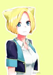 Rule 34 | 10s, 1girl, :3, alternate hair length, alternate hairstyle, arm at side, artist name, bad id, bad pixiv id, blonde hair, blue eyes, breasts, closed mouth, collared shirt, cropped torso, emoticon, gj-bu, head tilt, highres, ihihaa, kirara bernstein, medium breasts, outline, school uniform, shirt, short hair, simple background, solo, swept bangs, upper body, vest, white shirt, wing collar, yellow background