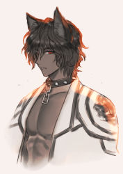 Rule 34 | 1boy, animal ears, black hair, cat ears, chain, character request, closed mouth, collar, commentary request, dark-skinned male, dark skin, hair between eyes, looking at viewer, male focus, misuguu, pectorals, ragnarok online, red eyes, short hair, simple background, solo, spiked collar, spikes, upper body, very dark skin, white background