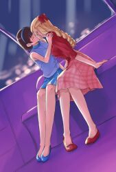 Rule 34 | 2girls, bare arms, blonde hair, blue footwear, blue hairband, blue shirt, blue skirt, bow, brown hair, claire francois, closed eyes, commentary request, drill hair, ferris wheel interior, full body, hair bow, hairband, hand on another&#039;s shoulder, highres, kikorinolily, kiss, long hair, multiple girls, night, pink skirt, rae taylor, red bow, red footwear, red shirt, shirt, sitting, skirt, sleeveless, sleeveless shirt, watashi no oshi wa akuyaku reijou, yuri