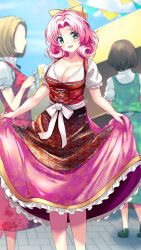 Rule 34 | 1girl, :d, apron, blush, bow, breasts, cleavage, day, doukyuusei another world, floral print, frilled skirt, frills, game cg, green eyes, hair bow, hair intakes, head tilt, kakyuusei, large breasts, long hair, long skirt, looking at viewer, minagawa nana, open mouth, outdoors, pink hair, pink skirt, print apron, print skirt, red apron, shirt, short sleeves, skirt, skirt hold, smile, solo focus, standing, white bow, white shirt, yellow bow