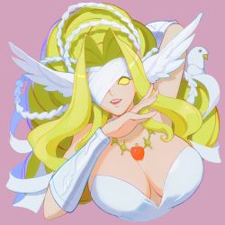 Rule 34 | 1girl, arm guards, arms up, bird, blank eyes, blindfold, blindfold lift, blonde hair, breasts, cleavage, digimon, digimon (creature), dove, highres, large breasts, long hair, open mouth, pink background, pink lips, rae (hexedwithluck), smile, solo, upper body, venusmon, yellow eyes