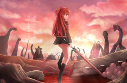 Rule 34 | 1girl, absurdres, black jacket, black legwear, black skirt, chtholly nota seniorious, dated, day, from behind, highres, holding, holding sword, holding weapon, jacket, leg up, long hair, looking at viewer, looking back, miniskirt, monster, outdoors, pleated skirt, red eyes, red hair, shuumatsu nani shitemasu ka?, signature, skirt, solo, standing, sword, two side up, very long hair, weapon