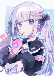Rule 34 | 1girl, bendy straw, black bow, black shirt, blue bow, blunt bangs, blush stickers, bottle, bow, cellphone, chon (chon33v), collared shirt, commentary request, cropped torso, drinking straw, drinking straw in mouth, ear piercing, earrings, frilled shirt collar, frills, hair bow, heart, highres, holding, holding bottle, holding phone, jewelry, long sleeves, looking at viewer, multicolored hair, original, phone, piercing, pink hair, puffy long sleeves, puffy sleeves, shirt, silver hair, sleeves past wrists, solo, streaked hair, twintails, upper body