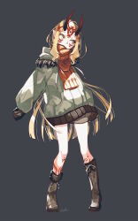 Rule 34 | 1girl, alternate costume, blonde hair, boots, coat, facial mark, fate/grand order, fate (series), forehead mark, full body, fur trim, grey background, horns, ibaraki douji (fate), isagiyo, long hair, looking to the side, oni, oni horns, pointy ears, red scarf, scarf, scarf over mouth, simple background, sleeves past fingers, sleeves past wrists, solo, very long hair, winter clothes, yellow eyes