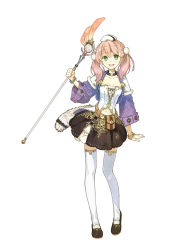Rule 34 | 10s, 1girl, :d, absurdres, atelier (series), atelier escha &amp; logy, bodice, braid, escha malier, female focus, full body, green eyes, hat, hidari (left side), highres, miniskirt, official art, open mouth, petticoat, pink hair, skirt, smile, solo, staff, thighhighs, twintails, weapon, white background, white thighhighs