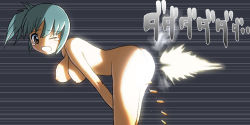 Rule 34 | 1girl, aqua hair, ass, bent over, borusen, bouncing breasts, breasts, brown eyes, character request, fart, hanging breasts, kodansha, large breasts, looking back, nude, open mouth, shell casing, solo, tears, tetsuwan atom, weapon, what, wince