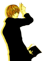 Rule 34 | 00s, 1boy, blonde hair, book, brown eyes, death note, male focus, pen, simple background, solo, yagami light