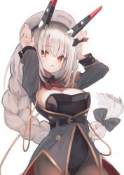Rule 34 | 1girl, belt, blush, bow, bowtie, braid, breasts, cleavage, epaulettes, grey hair, hair bow, hands up, hat, highres, jacket, large breasts, leotard, long hair, long sleeves, looking at viewer, mechanical ears, mist train girls, pantyhose, parted lips, pleven (mist train girls), rabbit pose, solo, tomisaka yorui, traditional bowtie, very long hair