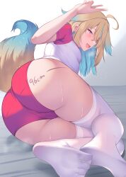 Rule 34 | 1girl, ahoge, ass, blonde hair, blue hair, blush, breasts, buruma, dog girl, dog tail, gym uniform, hair between eyes, highres, long hair, looking at viewer, lying, measurements, multicolored clothes, multicolored hair, no shoes, on side, open mouth, red sleeves, shinsougumi, shirt, shitagai nora, short sleeves, sidelocks, small breasts, soles, tail, thighhighs, v, virtual youtuber, white shirt, white thighhighs, yoshiheihe