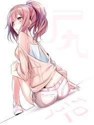 Rule 34 | 1girl, ass, bare shoulders, blush, brown hair, butt crack, dated, from behind, haruka natsuki, original, ponytail, shorts, simple background, sitting, solo, tank top, yellow eyes