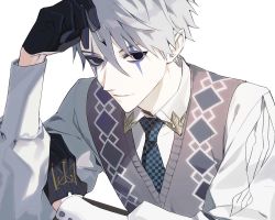 Rule 34 | 1boy, 66694c, aged down, argyle, argyle clothes, argyle sweater vest, black eyes, black gloves, closed mouth, collared shirt, commentary request, facial mark, fate/grand order, fate (series), gloves, gold trim, grey hair, highres, holding, holding pen, james moriarty (ruler) (fate), long sleeves, looking at viewer, male focus, multiple boys, necktie, pen, shirt, short hair, simple background, smile, solo, striped clothes, striped gloves, sweater vest, upper body, white background, white shirt