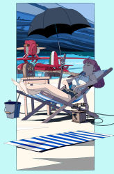 Rule 34 | 1girl, aircraft, airplane, bare arms, bare legs, barefoot, beach towel, blue border, blue sky, border, breasts, bucket, closed mouth, commentary request, cup, deck chair, drinking glass, earrings, edoya inuhachi, closed eyes, fio piccolo, highres, horizon, jewelry, kurenai no buta, lying, ocean, outside border, phone, ponytail, radio, shirt, short shorts, shorts, sky, stud earrings, table, tied shirt, towel, umbrella, water
