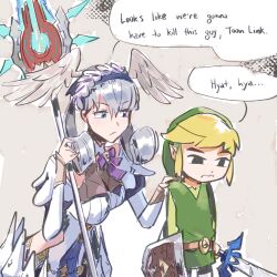 Rule 34 | 1boy, 1girl, blonde hair, blue eyes, braid, cape, crown braid, curly hair, dress, english text, green hat, grey hair, hat, head wings, highres, holding, holding staff, i think we&#039;re gonna have to kill this guy steven (meme), juliet sleeves, link, long sleeves, melia antiqua, meme, nintendo, onepointzero, puffy sleeves, shield, short dress, staff, sword, the legend of zelda, the legend of zelda: the wind waker, toon link, weapon, wings, xenoblade chronicles: future connected, xenoblade chronicles (series), xenoblade chronicles 1
