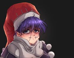 Rule 34 | 1girl, bags under eyes, closed mouth, commentary, doremy sweet, dress, grey background, hair between eyes, hair in own mouth, hat, highres, jackyyeah, long bangs, looking at viewer, messy hair, nightcap, pointy ears, pom pom (clothes), purple eyes, purple hair, red hat, short hair, solo, touhou, turtleneck, upper body, white dress