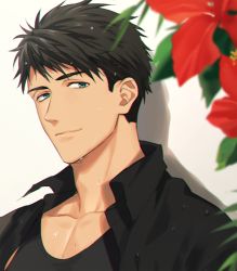 Rule 34 | 1boy, black hair, black shirt, black tank top, blouse, blue eyes, blurry, blurry foreground, close-up, collarbone, flower, free!, leaning back, looking at viewer, male focus, okii (oh ki ik), open clothes, open shirt, pectoral cleavage, pectorals, red flower, shirt, short hair, smile, solo, tank top, toned, toned male, wet, wet hair, yamazaki sousuke