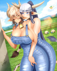 Rule 34 | 2girls, absurdres, artist name, bell, biting, blacksaikou, blonde hair, blue eyes, blue overalls, blunt bangs, grabbing another&#039;s breast, breasts, cathyl, chizu (monster musume), collar, commentary, cow tail, cowbell, creatures (company), denim, dragonite, dutch angle, ear biting, english commentary, farm, farmer, fence, fingering, fingering through clothes, game freak, gen 1 pokemon, gen 2 pokemon, grabbing, grass, highres, horns, huge breasts, lens flare, mareep, monster musume no iru nichijou, mouth hold, multicolored hair, multiple girls, naked overalls, nintendo, outdoors, overalls, pointy ears, pokemon, pokemon (creature), purple hair, tail, through clothes, two-tone hair, wooden fence, yellow eyes, yuri