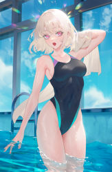 Rule 34 | 1girl, arm behind head, black one-piece swimsuit, blue sky, borrowed character, breasts, cirilla lin, competition swimsuit, covered navel, highres, holding, holding towel, indoors, medium breasts, nacchan (ohisashiburi), one-piece swimsuit, open mouth, original, pink eyes, pool, pool ladder, short hair, sky, solo, swimsuit, thighs, towel, wading, water, water drop, wet, wet hair, white hair, window