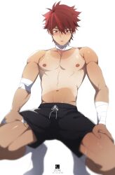 1boy abs alticute alticute_(vtuber) bandaged_arm bandaged_neck bandages black_shorts blush hair_between_eyes highres indie_virtual_youtuber male_focus muscular muscular_male navel nipples open_mouth red_eyes red_hair short_hair shorts socks solo spread_legs stomach tan topless_male virtual_youtuber white_background white_socks