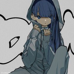 Rule 34 | 1girl, blue eyes, blue hair, blunt bangs, commentary request, cowboy shot, grey background, grey jacket, grey pants, hands on own chest, hands up, highres, hood, hood up, hooded jacket, indie virtual youtuber, jacket, kikiyu, knee up, long hair, long sleeves, looking at viewer, official alternate costume, official art, pants, sitting, solo, somunia, track jacket, track suit, virtual youtuber