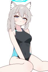 Rule 34 | 1girl, 2sina0, :&lt;, animal ear fluff, animal ears, blue archive, blue eyes, breasts, commentary, competition swimsuit, expressionless, extra ears, grey hair, halo, highres, medium breasts, medium hair, mismatched pupils, one-piece swimsuit, ponytail, shiroko (blue archive), shiroko (swimsuit) (blue archive), simple background, solo, swimsuit, white background, wolf ears