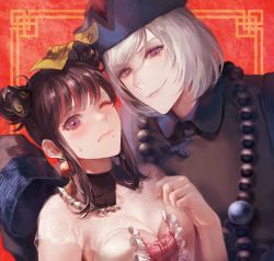 Rule 34 | 1boy, 1girl, absurdres, akudama drive, bead necklace, beads, breasts, cat hair ornament, cleavage, clenched hand, cutthroat (akudama drive), detached collar, double bun, earrings, frills, hair bun, hair ornament, hand up, highres, jewelry, jiangshi costume, looking at viewer, medium breasts, medium hair, mole, mole under eye, mole under mouth, necklace, ofuda, one eye closed, purple eyes, red background, shiromo ooo, sleeves past fingers, sleeves past wrists, swindler (akudama drive), upper body, white hair