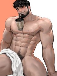 Rule 34 | 1boy, abs, bara, beard, between pectorals, body hair, bubble tea challenge, bulge, chest hair, covering privates, dopey (dopq), facial hair, highres, large pectorals, looking at viewer, male focus, manly, muscular, naked towel, nipples, nude cover, object on pectorals, original, pectorals, simple background, solo, thick thighs, thighs, topless male, towel