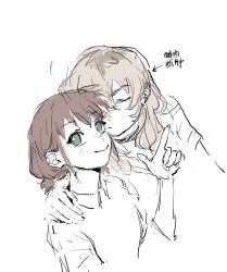 Rule 34 | 2girls, blue eyes, closed eyes, closed mouth, collared shirt, commentary request, finger gun, girls band cry, greyscale, hand on another&#039;s shoulder, highres, iseri nina, kawaragi momoka, kiss, kissing cheek, light brown hair, long hair, monochrome, multicolored hair, multiple girls, roots (hair), shirt, short sleeves, short twintails, smile, spot color, translation request, twintails, upper body, yumaofeibudong1, yuri