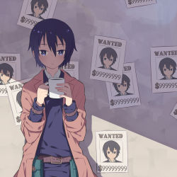 Rule 34 | 00s, 1girl, androgynous, belt, belt pouch, black eyes, black hair, coat, coffee, cup, dress shirt, drink, drinking, expressionless, formal, highres, kino (kino no tabi), kino no tabi, looking at viewer, luo., mug, poster (object), pouch, purple eyes, reverse trap, shadow, shirt, short hair, solo, suit, wall, wanted, wanted poster