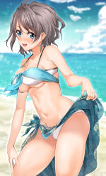 Rule 34 | 1girl, :d, absurdres, aqua bikini, aqua sarong, beach, bikini, blue eyes, blush, breasts, clothes lift, collarbone, commentary request, day, front-tie bikini top, front-tie top, grey hair, halterneck, highres, lifted by self, looking at viewer, love live!, love live! sunshine!!, navel, open mouth, outdoors, sarong, sarong lift, short hair, smile, solo, swimsuit, underboob, watanabe you, yuuki (nijiiro palette)
