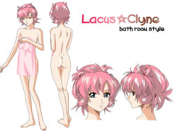 Rule 34 | 1girl, ass, back, character name, covering breasts, covering privates, gundam, gundam seed, gundam seed destiny, lacus clyne, nude, official art, pink hair, settei, short hair, solo, towel, white background