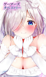 Rule 34 | 1girl, absurdres, blue eyes, blush, breasts, cleavage, closed mouth, dress, eyes visible through hair, flower, gloves, hair over one eye, highres, large breasts, looking at viewer, original, rose, rouka (akatyann), silver hair, solo, upper body, wedding dress, white dress, white flower, white gloves, white rose