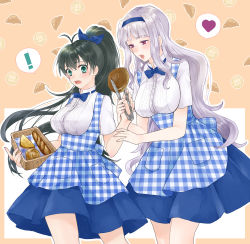 Rule 34 | !, 2girls, :o, absurdres, alternate costume, antenna hair, aqua eyes, bare legs, black hair, blue bow, blue dress, blue hairband, blue neckwear, blush, bow, bowtie, bread, breasts, couple, dress, fang, female focus, food, ganaha hibiki, hair bow, hairband, heart, highres, holding, holding food, holding hands, idolmaster, idolmaster (classic), kobeya uniform, large breasts, legs, long hair, looking at another, melon bread, multiple girls, nakamura (mugenlism), neck, open mouth, pastry, pink eyes, plaid, plaid dress, ponytail, round teeth, shijou takane, short sleeves, silver hair, spoken exclamation mark, spoken heart, standing, teeth
