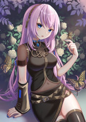 Rule 34 | 1girl, aroeruji3, black thighhighs, blue eyes, breasts, bug, butterfly, butterfly on hand, detached sleeves, floral background, flower, hand up, headset, highres, insect, long hair, long skirt, looking at viewer, megurine luka, nail polish, navel, parted lips, pink hair, plant, see-through, see-through sleeves, side slit, sitting, skirt, solo, thighhighs, vocaloid