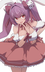Rule 34 | 1girl, animal ears, blush, breasts, choker, cleavage, di gi charat, dice, dice hair ornament, dress, hair ornament, highres, index finger raised, large breasts, long hair, open mouth, pink hair, rabbit ears, rabbit tail, red eyes, ribbon, ribbon choker, simple background, solo, sumiyao (amam), tail, twintails, usada hikaru, white background