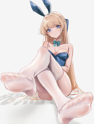 Rule 34 | 1girl, animal ears, bare shoulders, blonde hair, blue archive, blue bow, blue eyes, blue hairband, blue leotard, bow, bowtie, braid, breasts, closed mouth, commentary, crossed legs, detached collar, ear piercing, fake animal ears, feet, foot focus, full body, hairband, highleg, highleg leotard, leotard, long hair, looking at viewer, medium breasts, microphone, no shoes, official alternate costume, official alternate hairstyle, piercing, playboy bunny, rabbit ears, sitting, soles, solo, thighs, toes, toki (blue archive), toki (bunny) (blue archive), tokimaru, very long hair
