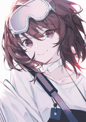 Rule 34 | absurdres, arknights, black overalls, brown eyes, brown hair, carrying, collar, collarbone, commentary, fanshu, goggles, goggles on head, hair between eyes, highres, looking at viewer, overalls, roberta (arknights), shirt, short hair, shoulder carry, shoulder strap, simple background, smile, symbol-only commentary, upper body, white background, white collar, white shirt