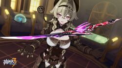 Rule 34 | 1girl, belt, braid, breasts, brown belt, brown gloves, brown sleeves, chinese commentary, cleavage, day, floating, floating object, floating sword, floating weapon, gears, gloves, hat, highres, honkai (series), honkai impact 3rd, indoors, large breasts, log, looking at object, lower teeth only, official art, official wallpaper, open hands, open mouth, solo, steampunk, sword, teeth, vill-v, weapon, window