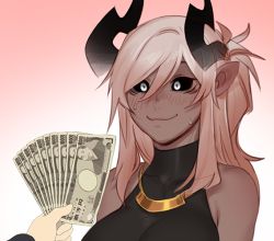 Rule 34 | 1girl, 1other, aiko (less), bare shoulders, black sclera, blush, breasts, colored sclera, covered collarbone, dark-skinned female, dark skin, demon girl, demon horns, grey eyes, holding, holding money, horns, jewelry, large breasts, less, meme, money, necklace, original, pointy ears, portrait, sleeveless, sweat