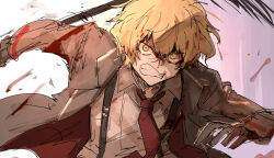 Rule 34 | 1boy, angry, blonde hair, blood, blood in hair, blood on clothes, blood on face, coat, collared shirt, fighting, gradient background, holding, holding weapon, kankan33333, limbus company, male focus, necktie, project moon, red necktie, shirt, short hair, simple background, sinclair (project moon), sketch, suspenders, weapon, white shirt, yellow eyes