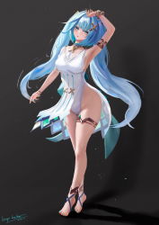 Rule 34 | 1girl, absurdres, alternate ass size, arm up, armlet, armpits, barefoot, black background, blue hair, blue nails, dress, faruzan (genshin impact), feet, full body, genshin impact, highres, legs, long hair, looking at viewer, meginalter, nail polish, parted lips, side slit, signature, solo, standing, symbol-shaped pupils, toes, triangle-shaped pupils, twintails, white dress