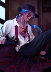 Rule 34 | 1boy, absurdres, bare pectorals, black gloves, black pants, blue hair, bodypaint, cigar, cu chulainn (fate), cu chulainn (fate) (all), cu chulainn (fate/stay night), cu chulainn alter (fate), cu chulainn alter (fate/grand order), cu chulainn alter (formal dress) (fate), dress shirt, earrings, facepaint, fate/grand order, fate (series), fedora, gloves, grin, hat, heroic spirit formal dress, highres, indoors, jewelry, juliana sampaio, lancer, long hair, looking at viewer, male focus, necktie, open clothes, open shirt, pants, parted lips, pectorals, ponytail, red eyes, shirt, signature, smile, solo, spiked hair, spikes, tail, type-moon, undone necktie